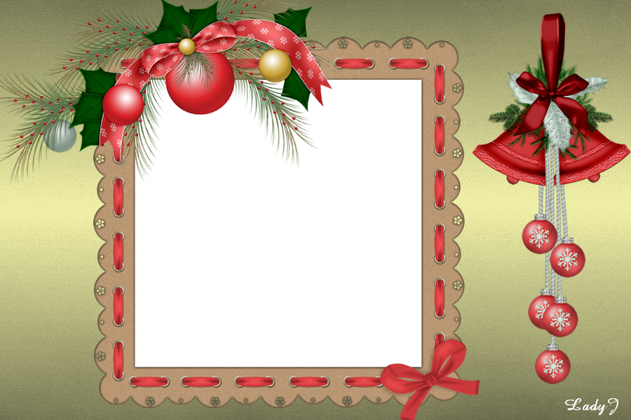 karácsonyi képkeret arany háttéren piros csengőkkel, díszekkel