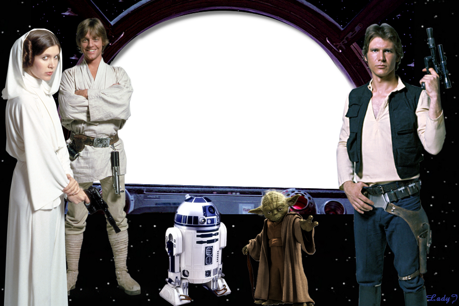 Han Solo, Leia Organa, Luke Skywalker, Yoda mester,
     R2D2, star wars film képkeret