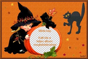 halloween képekeret boszorkánnyal és fekete cicával