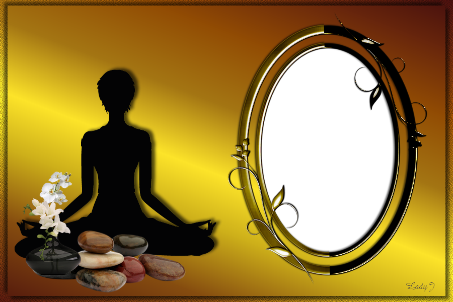 zen képkeret, arany háttéren meditáló nő alak