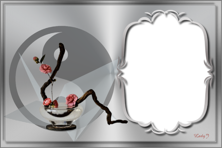 zen képkeret, ezüst háttéren rózsa ikebana